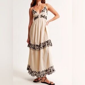 Abercrombie & Fitch Tiered Maxi Dress in Cream with Black Lace